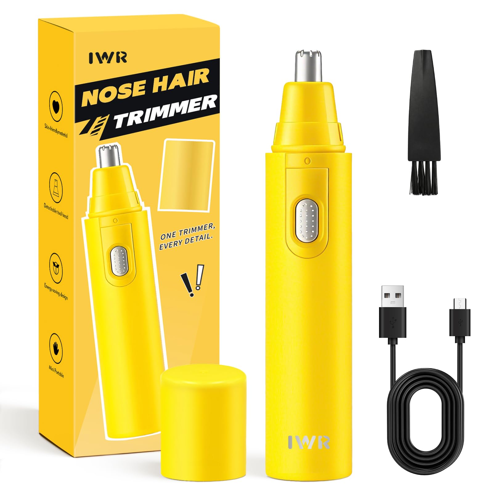 IWR Nose Hair Trimmer, Rechargeable Nose Hair Trimmer for Men Women with Cleaning Brush, Multifunctional Nose and Ear Hair Trimmer Improved Stainless Steel Replaceable Blade （Yellow）