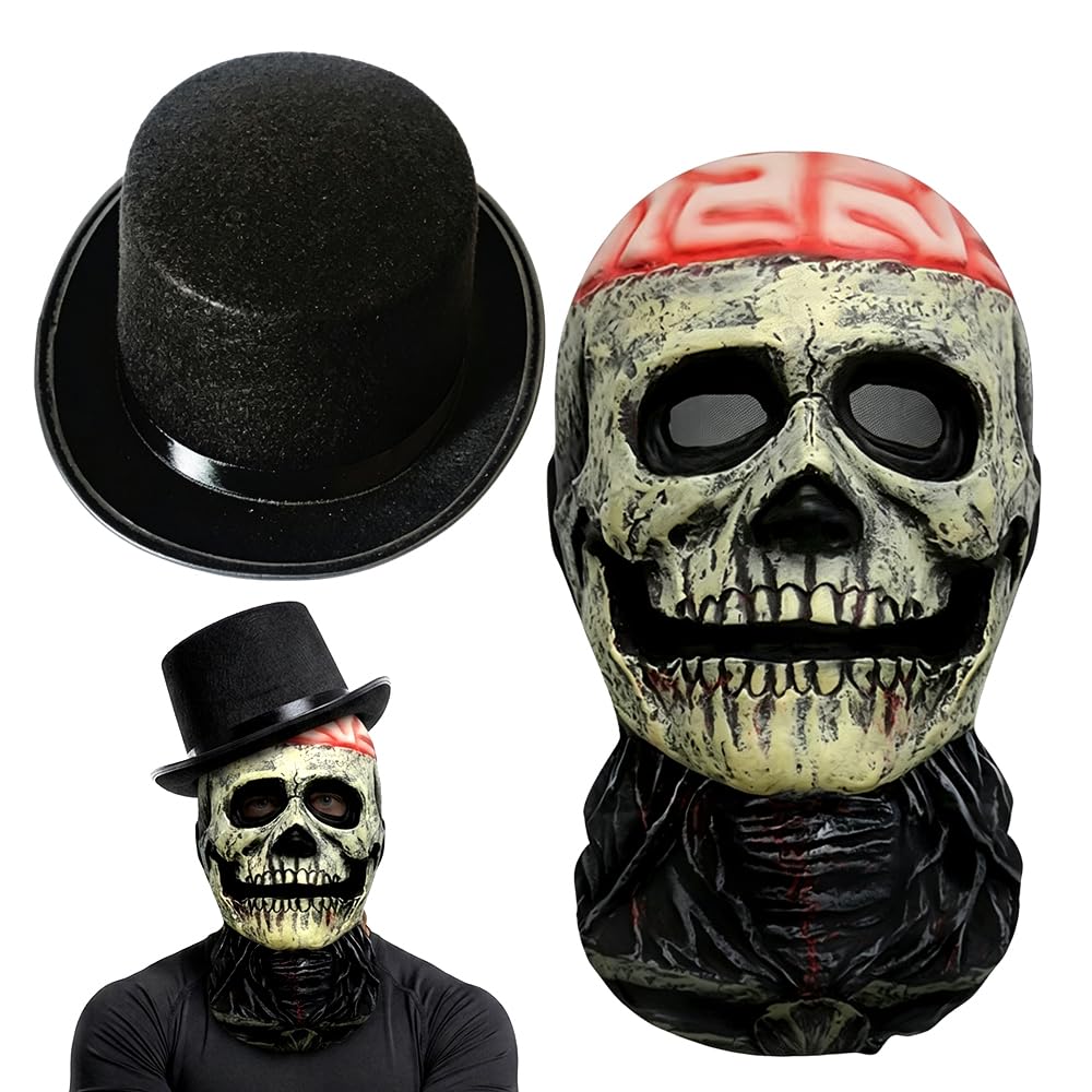 VorPrillynt Halloween Scary Skull Mask, Realistic Skull Mask, Scary Latex Masks with Movable Jaw, Creepy Full Head Skulls Masks with Hat for Adults Cosplay Costume Party Carnival - 2 PCS
