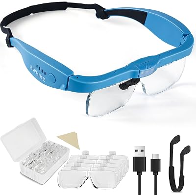 Magnifying Glass with Light Hands Free, Rechargeable Magnifying Glasses Headset with 5 Detachable Lenses Magnifier for Close Work, Reading, Jewelry Making Crafts (Blue)