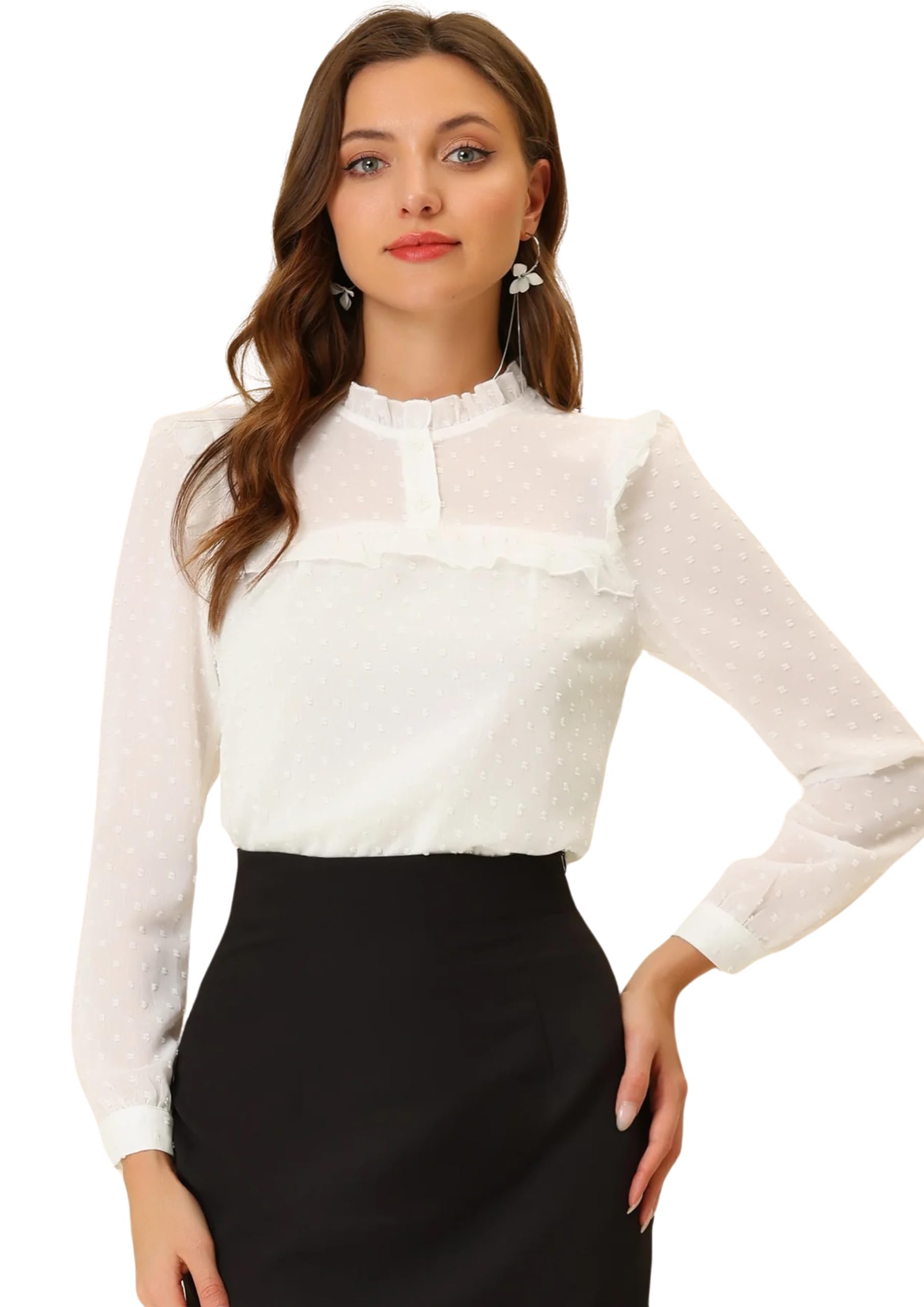 mizago Women's Swiss Dot Long Sleeve, Ruffled Design Top-picture-48