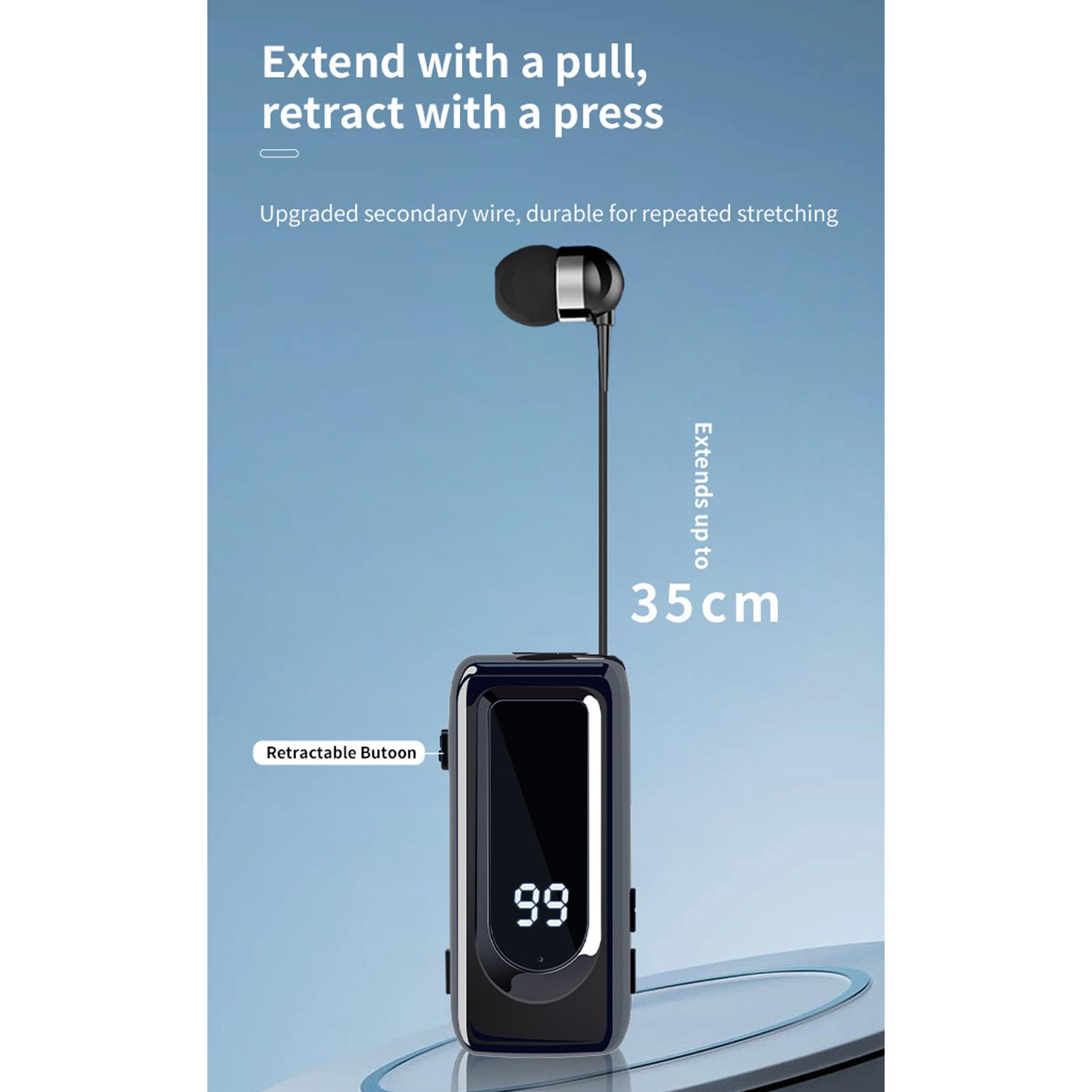 Tosuny Cuffie Wireless Retrattili, Cuffie Lavalier Bluetooth 5.4 con Microfono a Cancellazione del Rumore ENC, Display di Alimentazione a LED, Cuffie Intrauricolari Monoorecchio per la (BLACK)