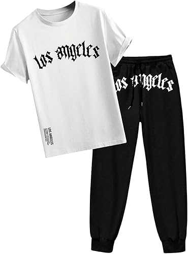OYOANGLE Men's Tracksuits 2 Piece Set Letter Graphic Short Sleeve Tshirt and Jog