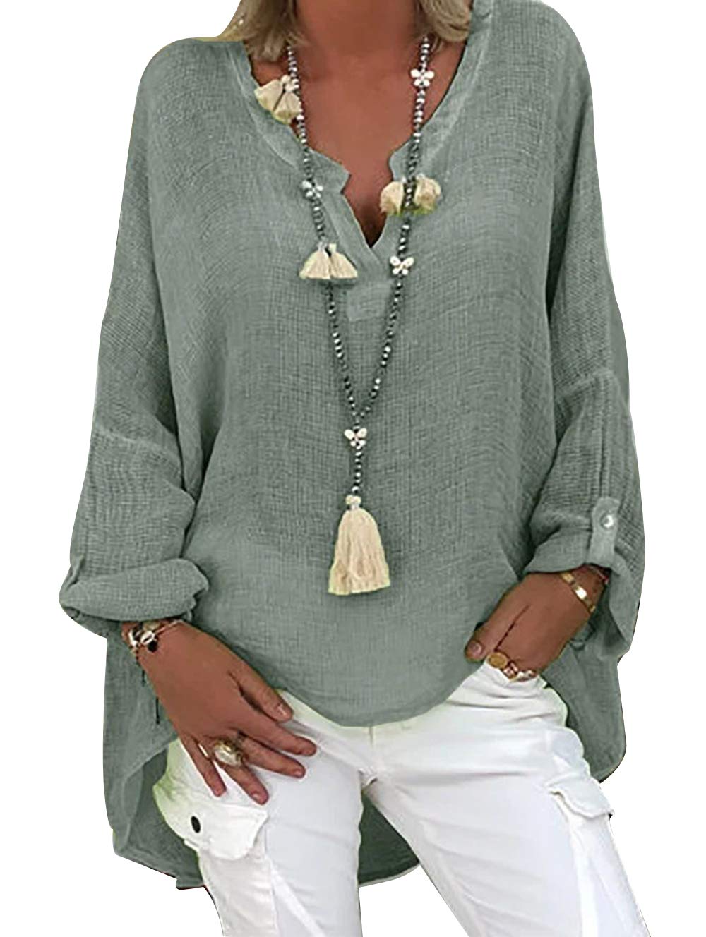 Leinenbluse Damen Musselin Bluse Sommer Blusen Tuniken für Damen Longbluse Hemdbluse Oversize Tunika V-Ausschnitt Große Größen Leinenhemd Leinen Oberteile Shirt