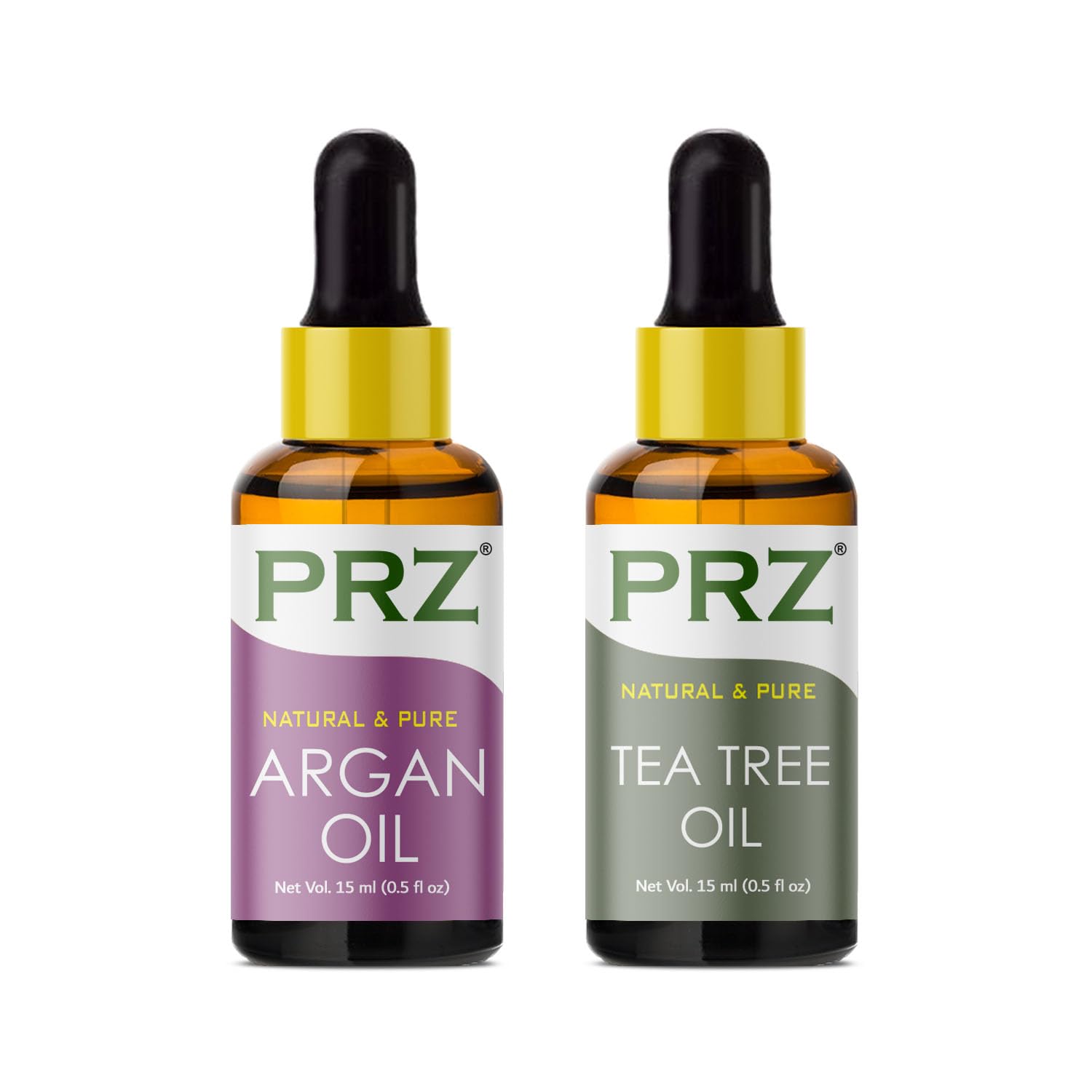 PRZ Combo of Cold Pressed Moroccan Argan Carrier Oil & Tea Tree Essential Oil, 100% Pure Natural & Therapeutic Grade Oil for Aromatherapy, Body Massage, Skin Care & Hair Growth (15ML Each)