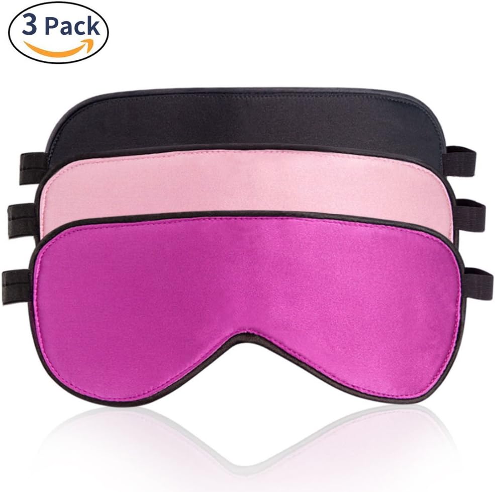 LIANSING 100% Silk Sleep Mask & Blindfold 3 Pack, Super-Smooth Sleeping Eye Mask for Women Men with Adjustable Strap, Black/Pink/Purple