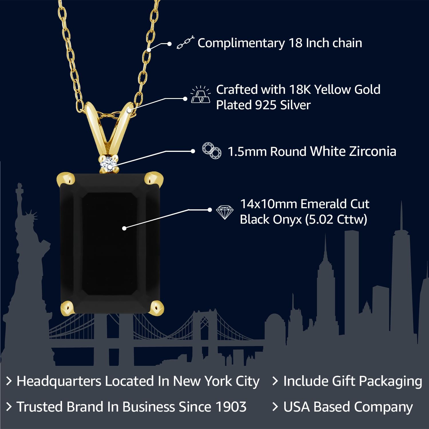 Gem Stone King 18K Yellow Gold Plated Silver Gemstone Birthstone Pendant Necklace For Women | 14X10MM Emerald Cut and 1.5MM Round Accents | With 18 Inch Silver Chain