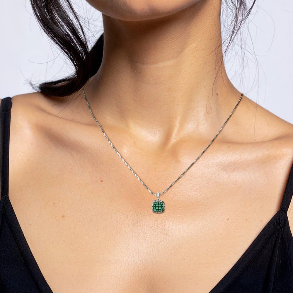 IceCarats 14K Solid White Gold 0.50 carat Green Emerald Diamond Small Square Halo Pendant Necklace 18mm 3/4 inch Round Cut, Natural, Prong Set For Her
