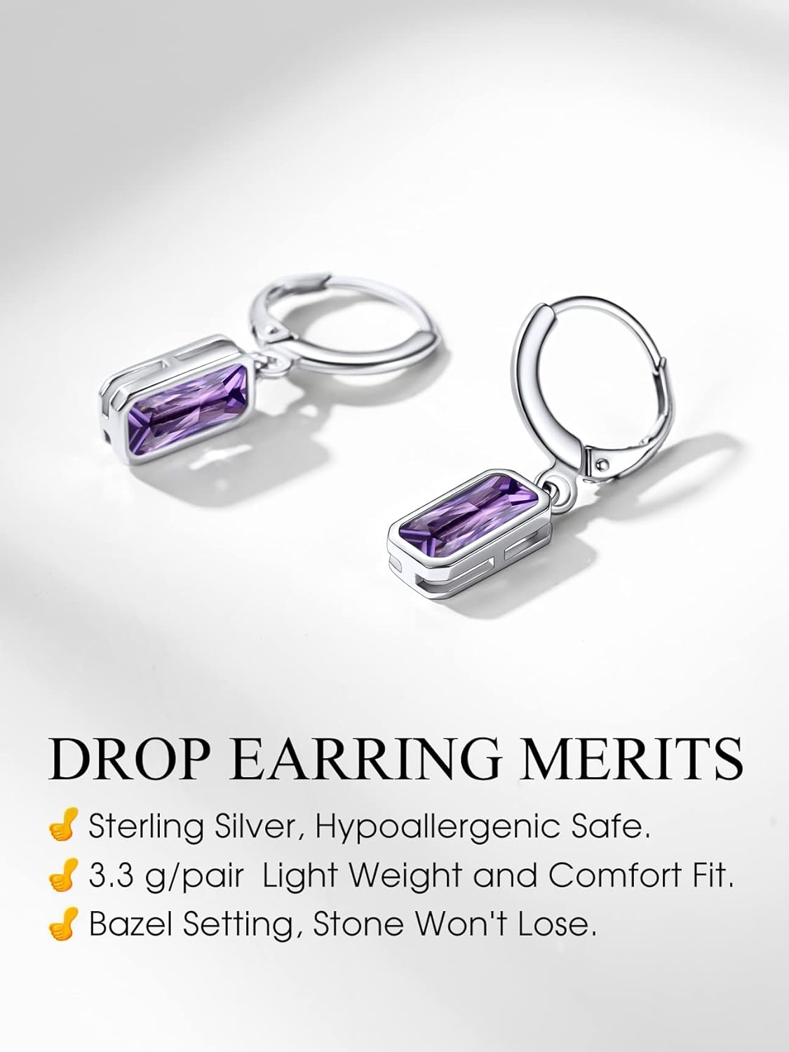 Bestyle Sterling Silver Small Dainty Birthstone Drop Earrings for Women with Rectangular Baguette Crystal & Huggie Hoop Silver Dangle Earring for Wedding Birthday Everyday Wear - Image 5