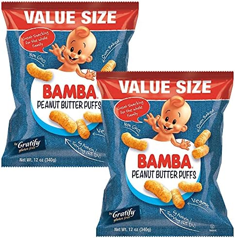 Gratify Bamba Peanut Butter Snacks for Families - All Natural Peanut Butter Puffs Value Size ( 2 pack - 12oz Bags) - Peanut Butter Puffs made with 4 Simple Ingredients. Family Size Bags