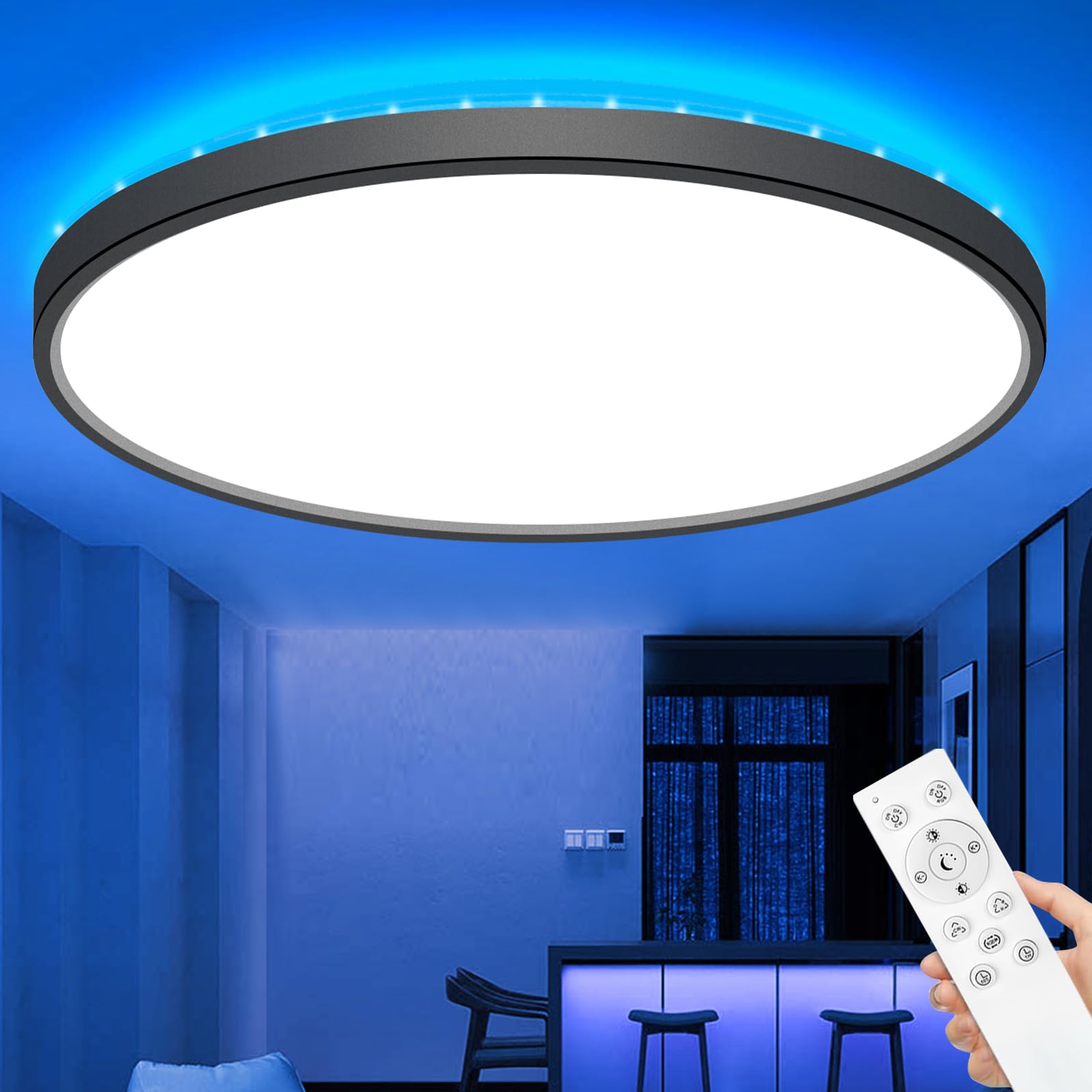 zemty 39CM LED Deckenleuchte Dimmbar, 36W 3600LM RGB Farbwechsel Deckenlampe 3000K-6500K, Wasserfest Flach Lampe Decke für Badezimmer Kinderzimmer Schlafzimmer Schwarz