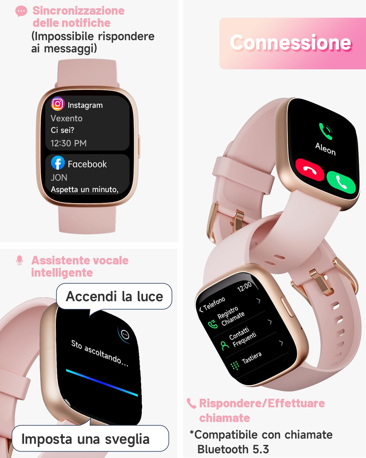 TOOBUR Smartwatch Donna, Alexa Integrata, 1.83" Orologio Smartwatch Chiamate Risposta Cardiofrequenzimetro Contapassi Sonno Impermeabil IP68, 100 Sportivo, Notifiche Messaggi, Compatibile Android iOS