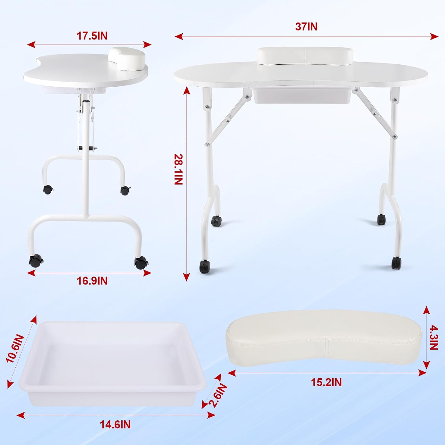 37 Inch Portable & Foldable Manicure Table, Nail Desk Workstation with Large Drawer, Client Wrist Pad, Controllable Wheels & Carrying Case, Professional Portable Nail Table (White)