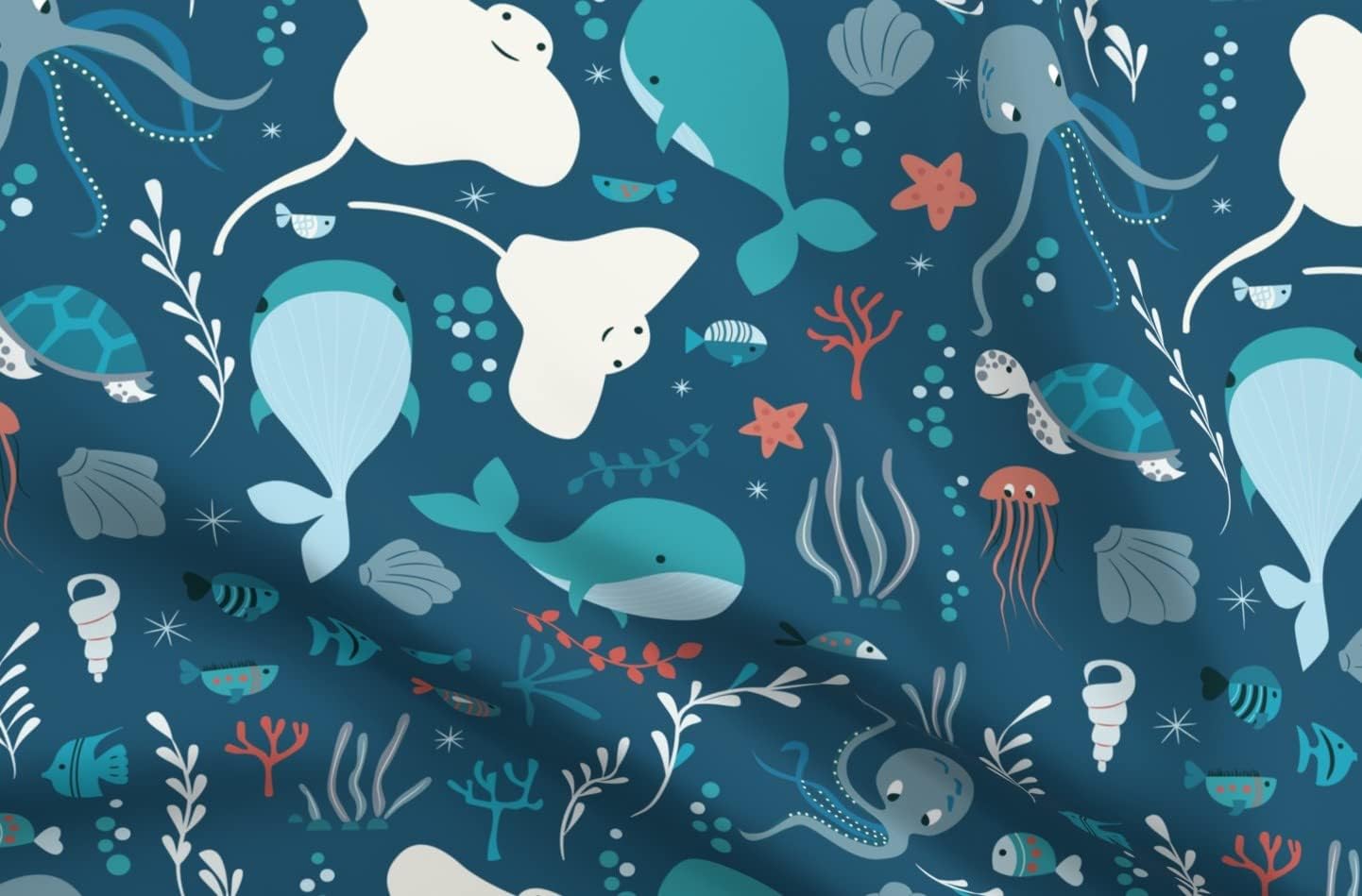 Spoonflower Fabric - Sea Creatures Ocean Underwater Scene Whale Turtle Octopus Cute Deep Printed on Organic Cotton Sateen Fabric by The Yard - Sewing Quilting Apparel Home Decor