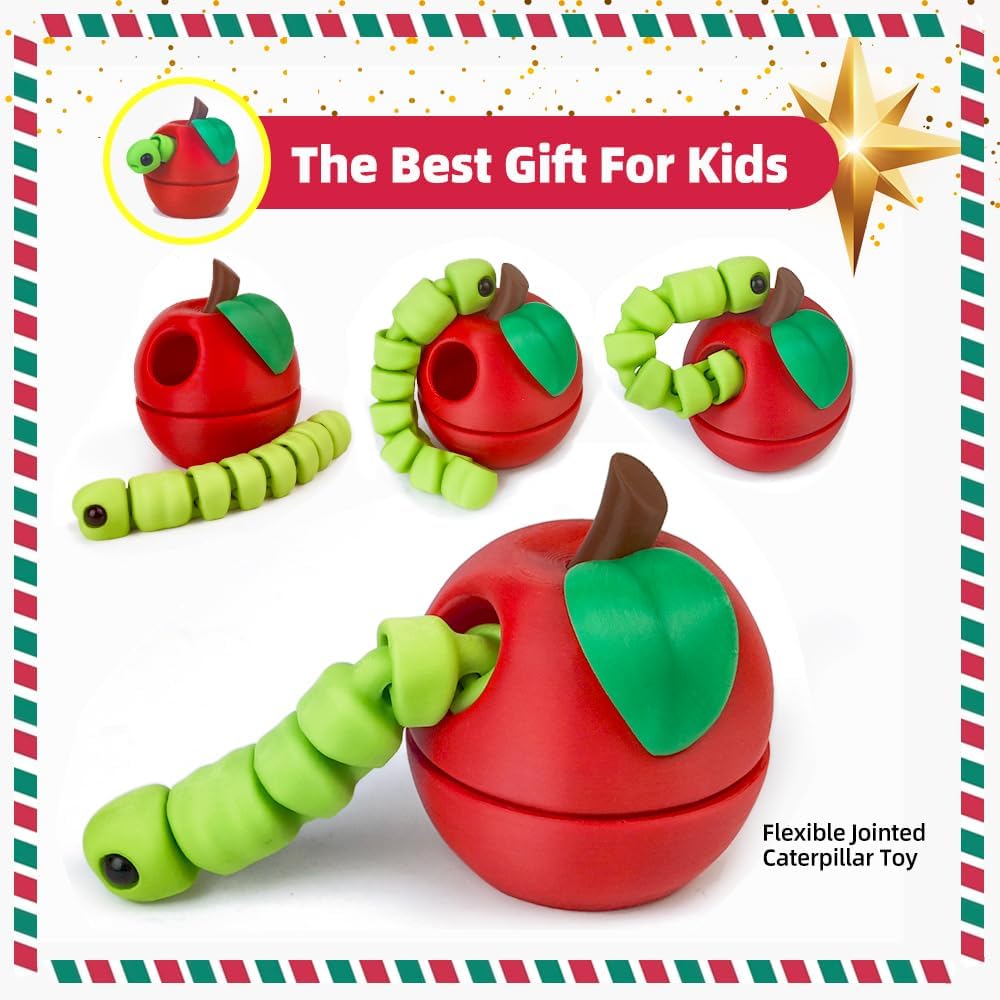 3D Printed Apple Container with Worm Flexi Inside,3D Printed Animals Toys,STEM Educational Toy for Nature Learning,Fun Sensory Fidget Toy for Kids, Unique Fun Decoration (Red)