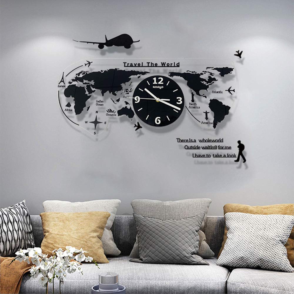 3D Acryl Weltkarte mit Uhren Set - Wohnzimmer verzierte Moderne Wanduhr - Schwarz MDF Weltzeituhren Wanduhren Schilder Kontinente Länder Wanddeko Wall-Art,80x38cm