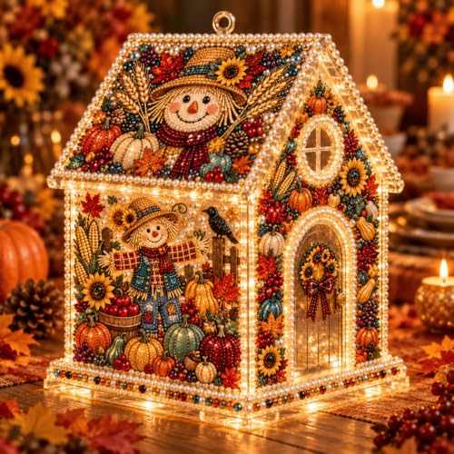 DIY Acrylic Christmas House Pearl Diamond Art Kit with LED Lights,Scarecrow