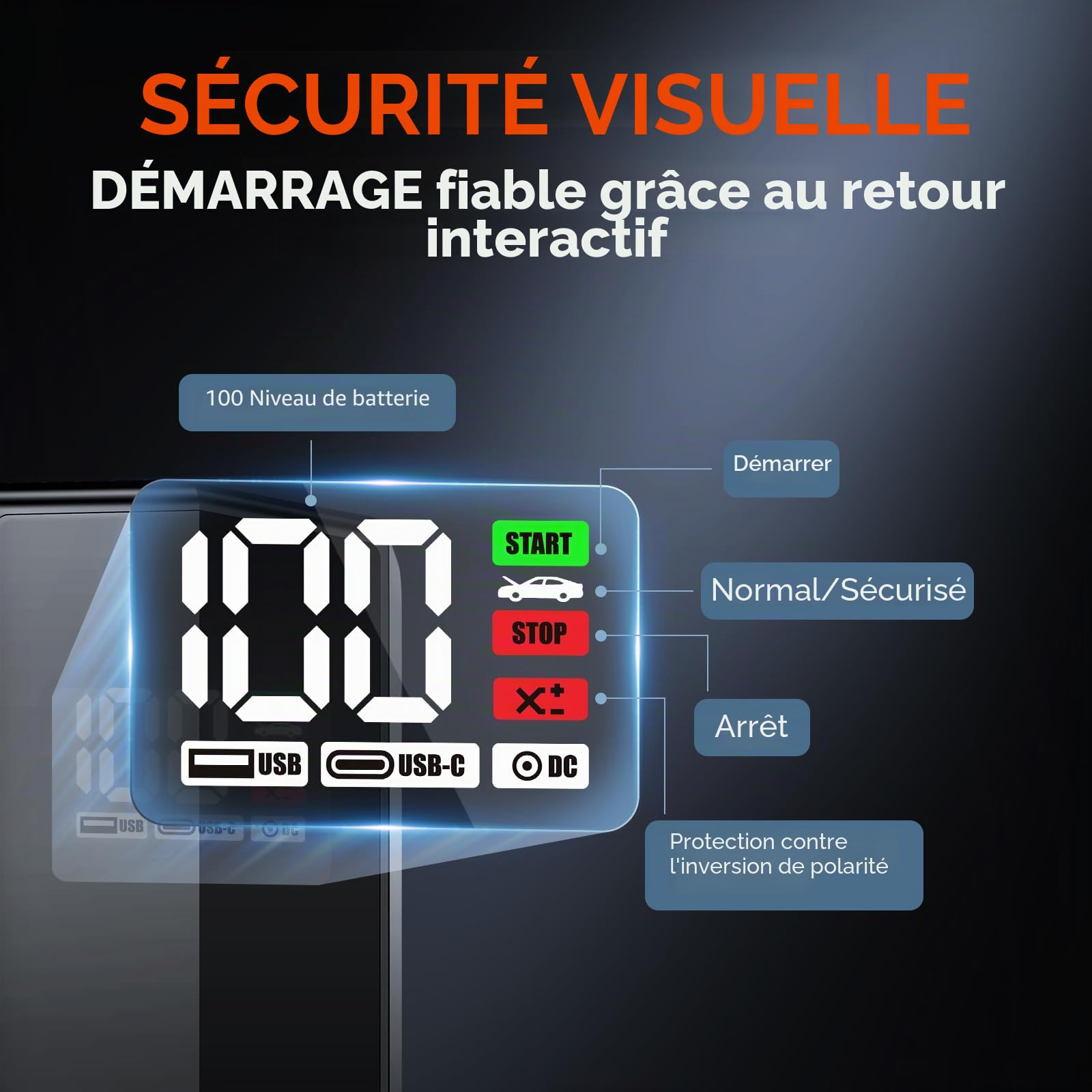 VANTRUE Bloc d'alimentation JS1, courant de crête 3000 A, 20 000 mAh, démarreur de voiture 12 V, écran LED et éclairage d'urgence, câble de batterie, gaz 7,5 l/diesel 6 L, charge rapide PD 65 W