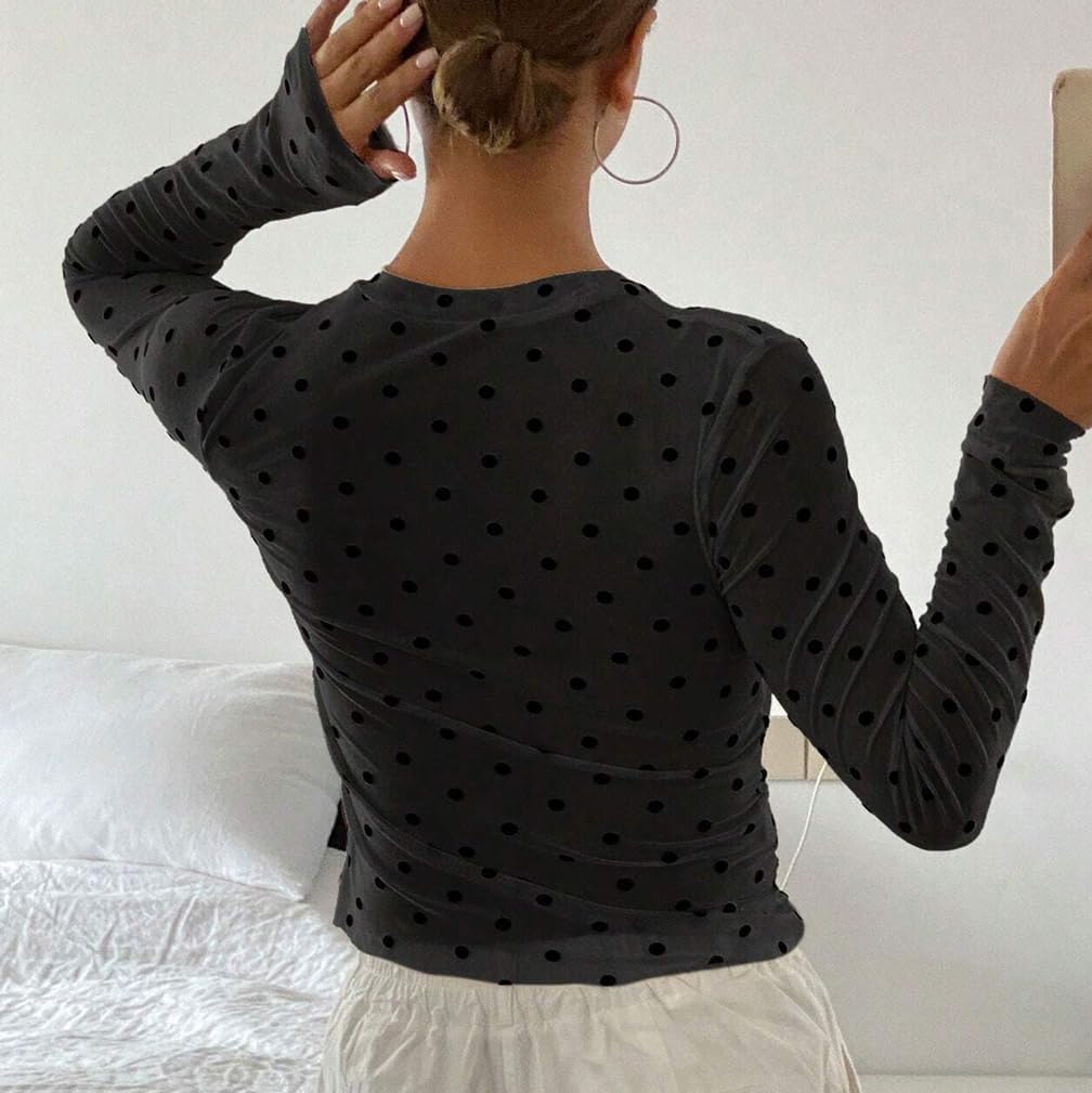 Women Trendy Crew Neck Polka Dot Sheer Mesh Blouse Sexy Slim Fit Long Sleeve See Through Crop Shirt Fall Clubwear - Image 4