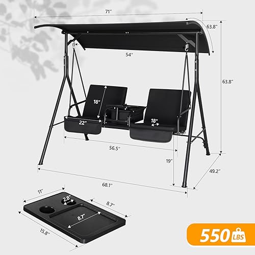 Miniatura 5 de VINGLI Columpio de porche al aire libre con toldo, columpio de toldo resistente de 550 libras con soporte para tazas, bolsa de hielo y cojines para