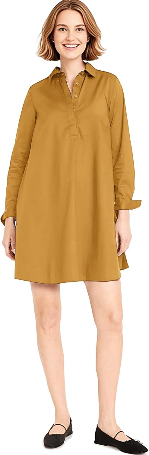 Women Heavy Weight Pure Cotton Twill Long Sleeve Button Placket Pullover Loose Mid-Thigh Shirt Dress - Image 2