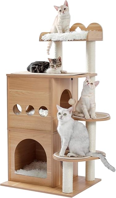 Amazon Brand  Umi Cat Tree with Space capsule Acrylic Nest with sisal covered scratching posts Cat Play Tower Wooden Cat Tree Cat Activity Center Cat Castle stable sturdy Beige 120cm