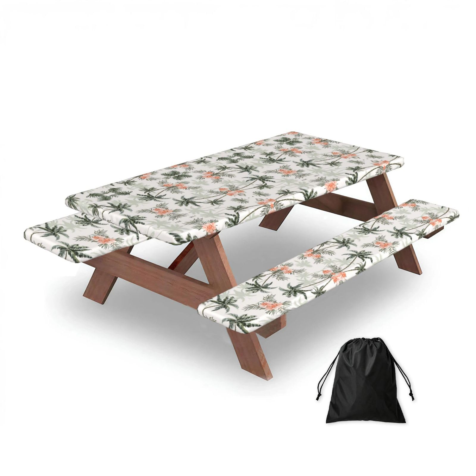 ESNAIUVCD Tropical Palm Trees Print Picnic Table Cover With Bench Covers,Camping Essentials,Fitted Tablecloth Cover With Elastic Edge, For Indoor & Outdoor 3 Pcs