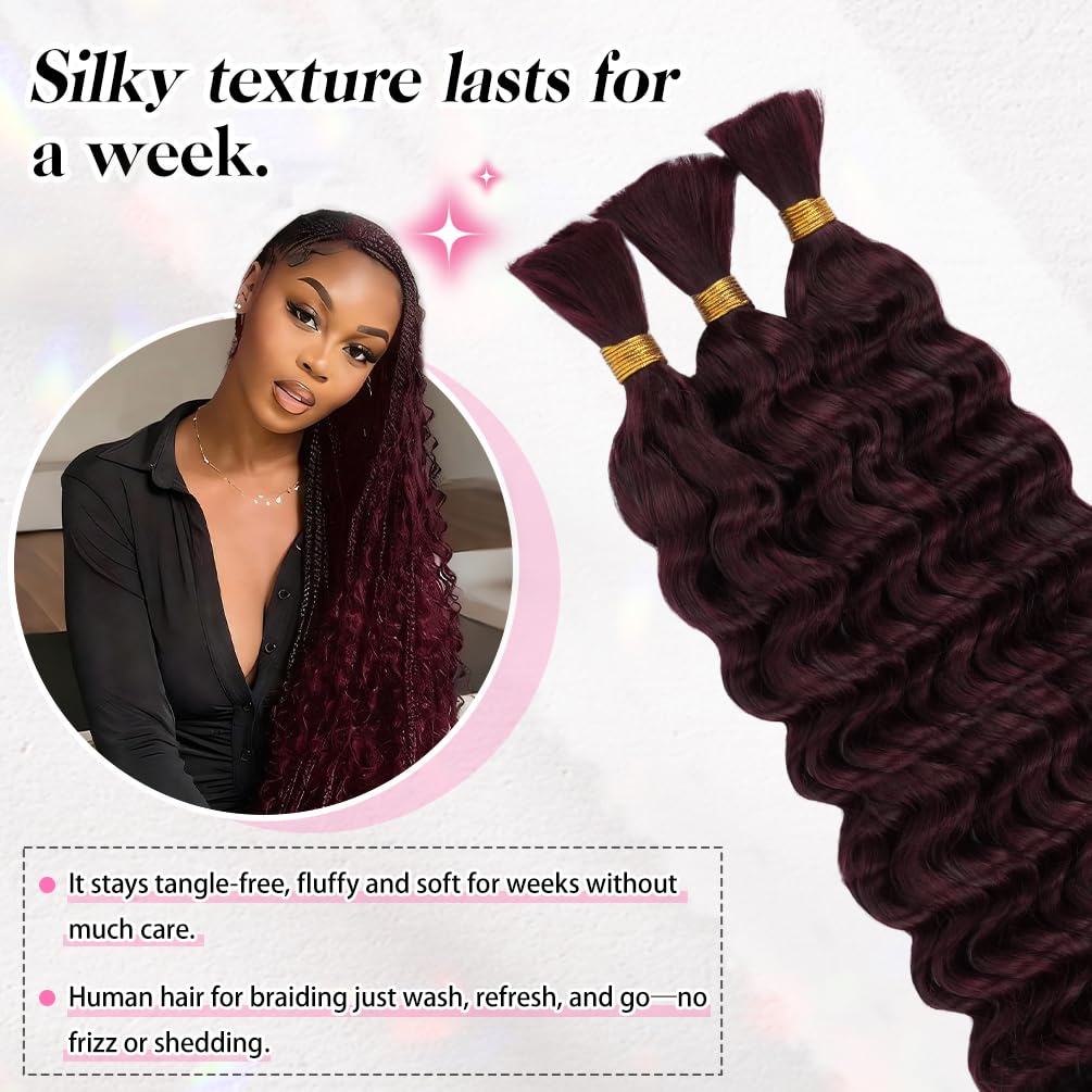 10 Inch Deep Wave Human Braiding Hair for Boho Braids – 50g 1 Bundles/Pack 99J Burgundy 100% Unprocessed 12A Brazilian Virgin Human Hair Bulk, No Weft, Wet & Wavy Curly Extensions