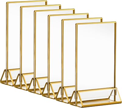 CECOLIC 6 Pack Acrylic Sign Holder with Gold Borders, 4x6 Double-Sided Menu Stands Clear Picture Frames for Restaurant Menu Signs, Wedding Table Numbers, Exhibition & Art Display