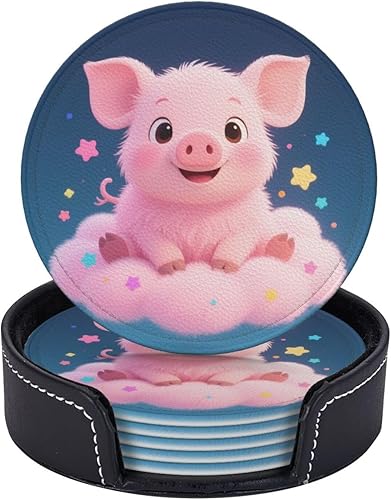 Miniatura 5 de Drink Coasters Set of 6, Little Pig Printed PU Leather Round Coaster with Holder for Outdoor, Office, Bar, Funny Heat-Resistant Home Desk Decor