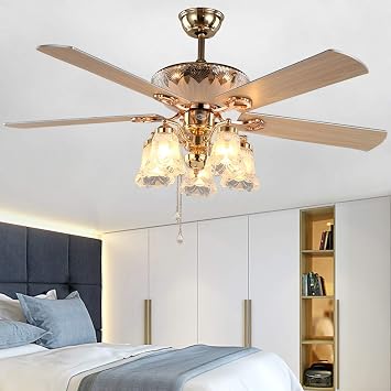 AndersonLight Modern Ceiling Fan with 5 Reversible Blades 5 Frosted Light Kit and Remote Control, Quiet Fan, Ecological Chandelier Fan, Golden Finish, 52-Inch
