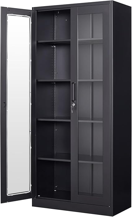 Display Storage Cabinet with Glass Door, 71 Inches Metal Curio Cabinet with 4 Adjustable Shelves, Locking Glass Display Case for Home, Office, Clinic, Pantry, Assemble Required (Black)