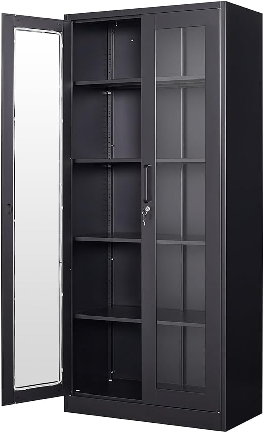 Display Storage Cabinet with Glass Door, 71 Inches Metal Curio Cabinet with 4 Adjustable Shelves, Locking Glass Display Case for Home, Office, Clinic, Pantry, Assemble Required (Black)