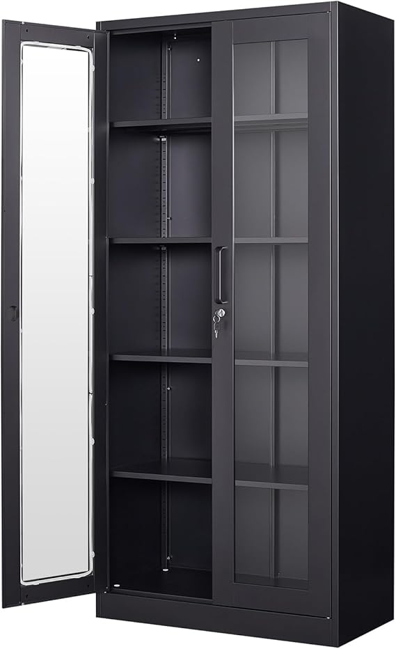 Display Storage Cabinet with Glass Door, 71 Inches Metal Curio Cabinet with 4 Adjustable Shelves, Locking Glass Display Case for Home, Office, Clinic, Pantry, Assemble Required (Black)