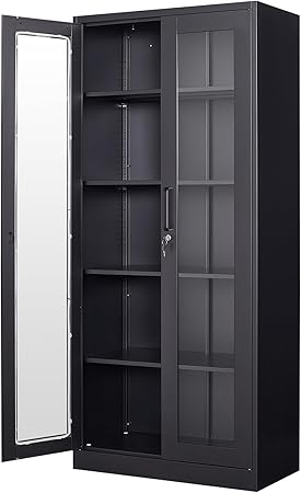 Display Storage Cabinet with Glass Door, 71 Inches Metal Curio Cabinet with 4 Adjustable Shelves, Locking Glass Display Case for Home, Office, Clinic, Pantry, Assemble Required (Black)