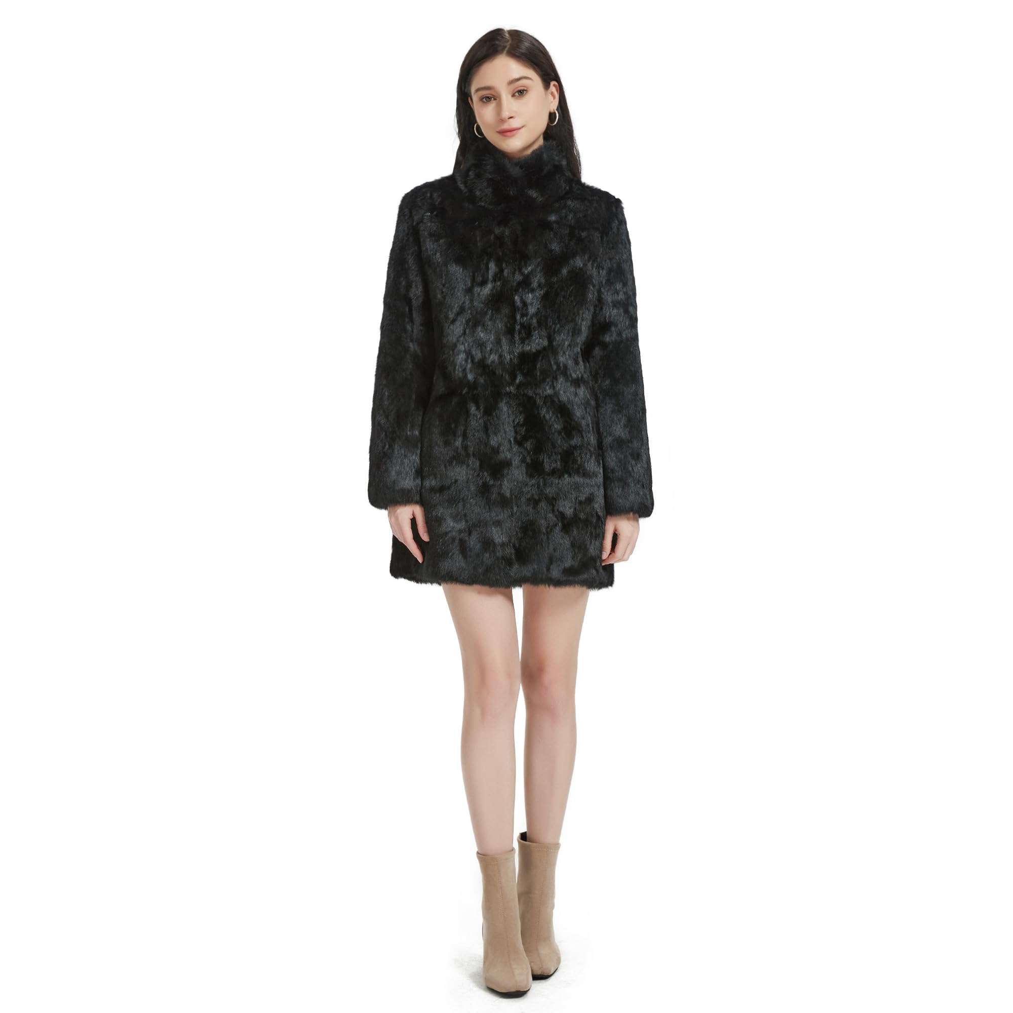 Fur Story Women's Genuine Rabbit Fur Coat Jacket Length