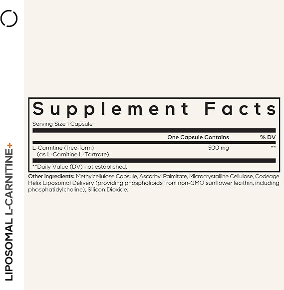 Codeage Liposomal L-Carnitine+ Supplement - 500 mg L-Carnitine L-Tartrate per Serving - Free-Form Amino Acid - Carnitine - Liposomal Delivery - Vegan, Non-GMO, Gluten-Free - 90 Capsules