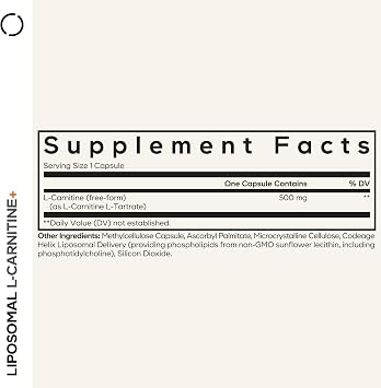 Codeage Liposomal L-Carnitine+ Supplement - 500 mg L-Carnitine L-Tartrate per Serving - Free-Form Amino Acid - Carnitine - Liposomal Delivery - Vegan, Non-GMO, Gluten-Free - 90 Capsules