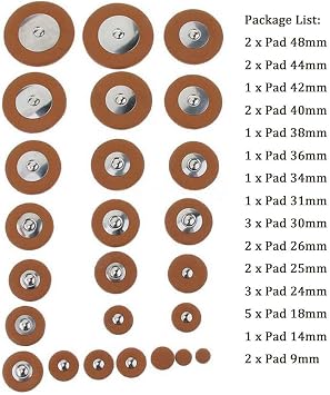 Jiayouy 25 Pieces Leather Pads Alto Sax Pads Replacement Set Saxophone Repair Parts Brown 9mm to 48mm