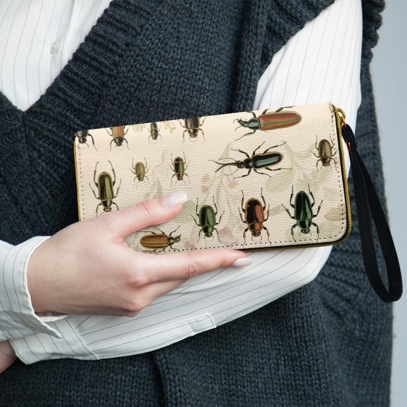 Jolamirel Collocation Bugs Print Zipper Wallet for Women Long Leather Card Holder, Vintage Insects Beetles Illustrations Printed Clutch Purse Slim Wallets, Bug Lover Gift