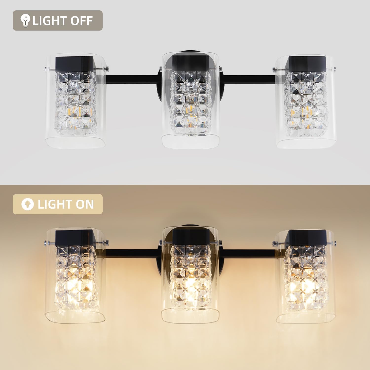3 Lights Bathroom Vanity Light, Wall Mount Bathroom Light Fixtures,Crystal Bathroom Light Fixture Over Mirror, Matte Black & Crystal Indoor Wall Lights Crystal Glass Shade（E12 Bulb not included）