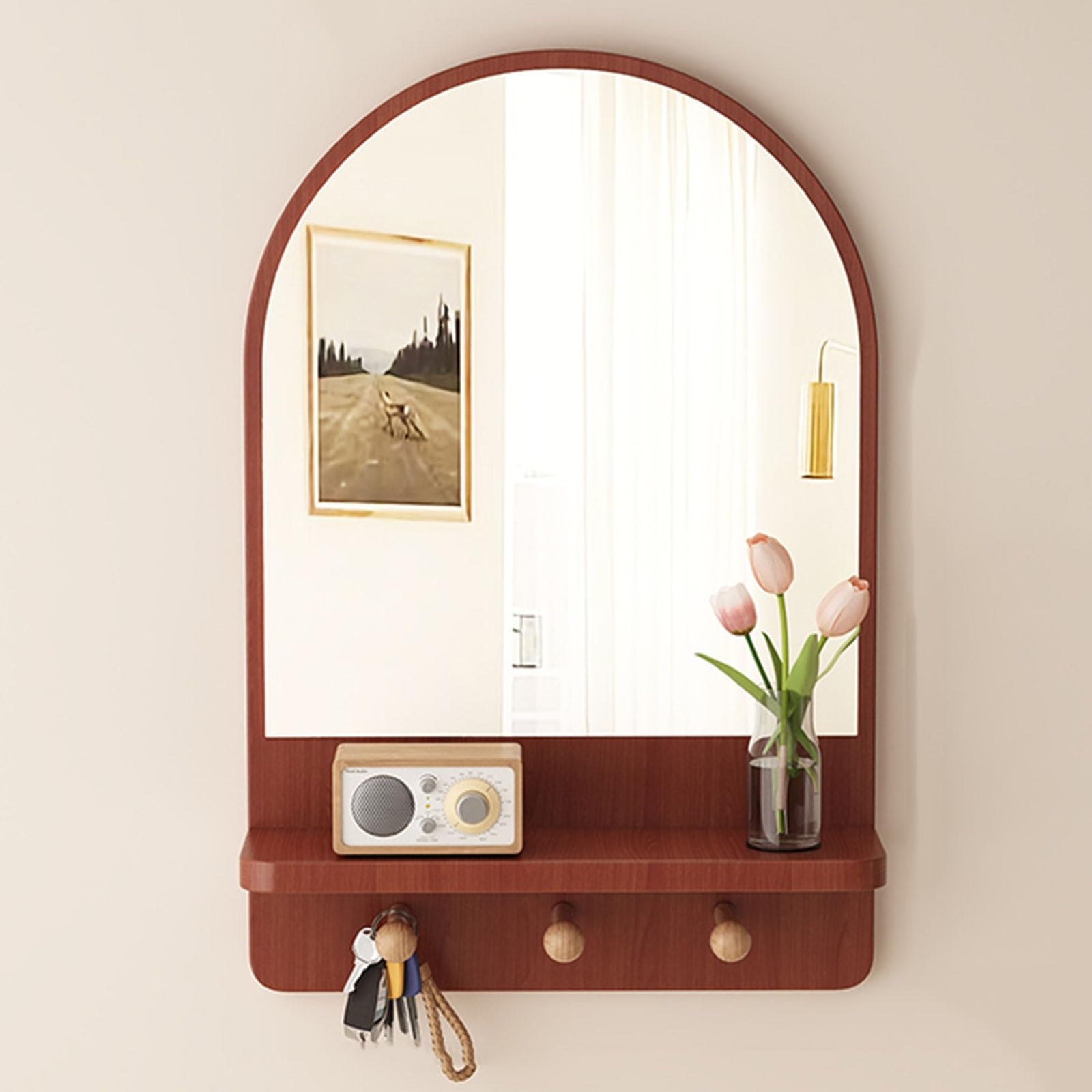 Miroir salle de bain vintage avec rangement et crochets porte-serviette bois
