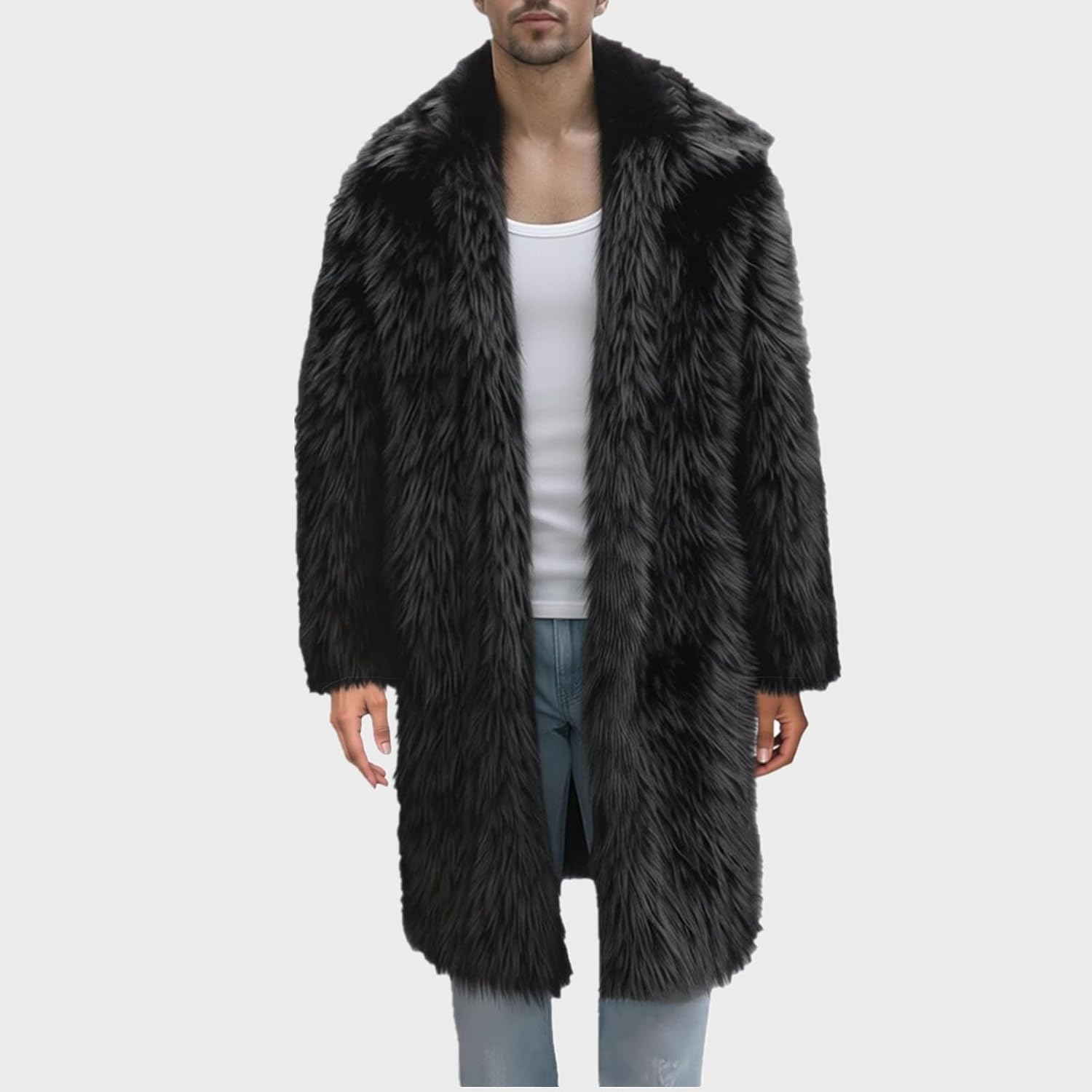 Colf Men's Winter Long Sleeve Turn Collar Faux Fur Coat Outwear Long Parka Jacket Overcoat
