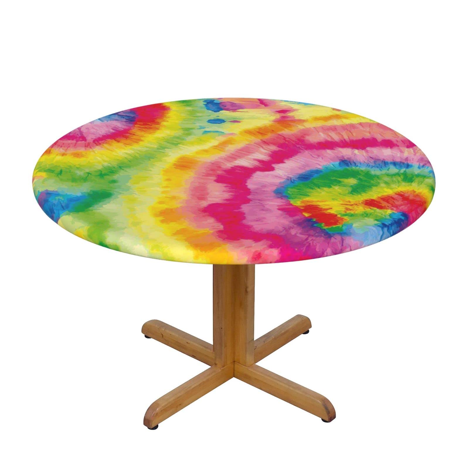 Lsjuee Round Fitted Tablecloth 40-44in Elastic Edged Table Cloth for Kitchen Dining Party Home Decor - Bright Tie Dye Rainbow
