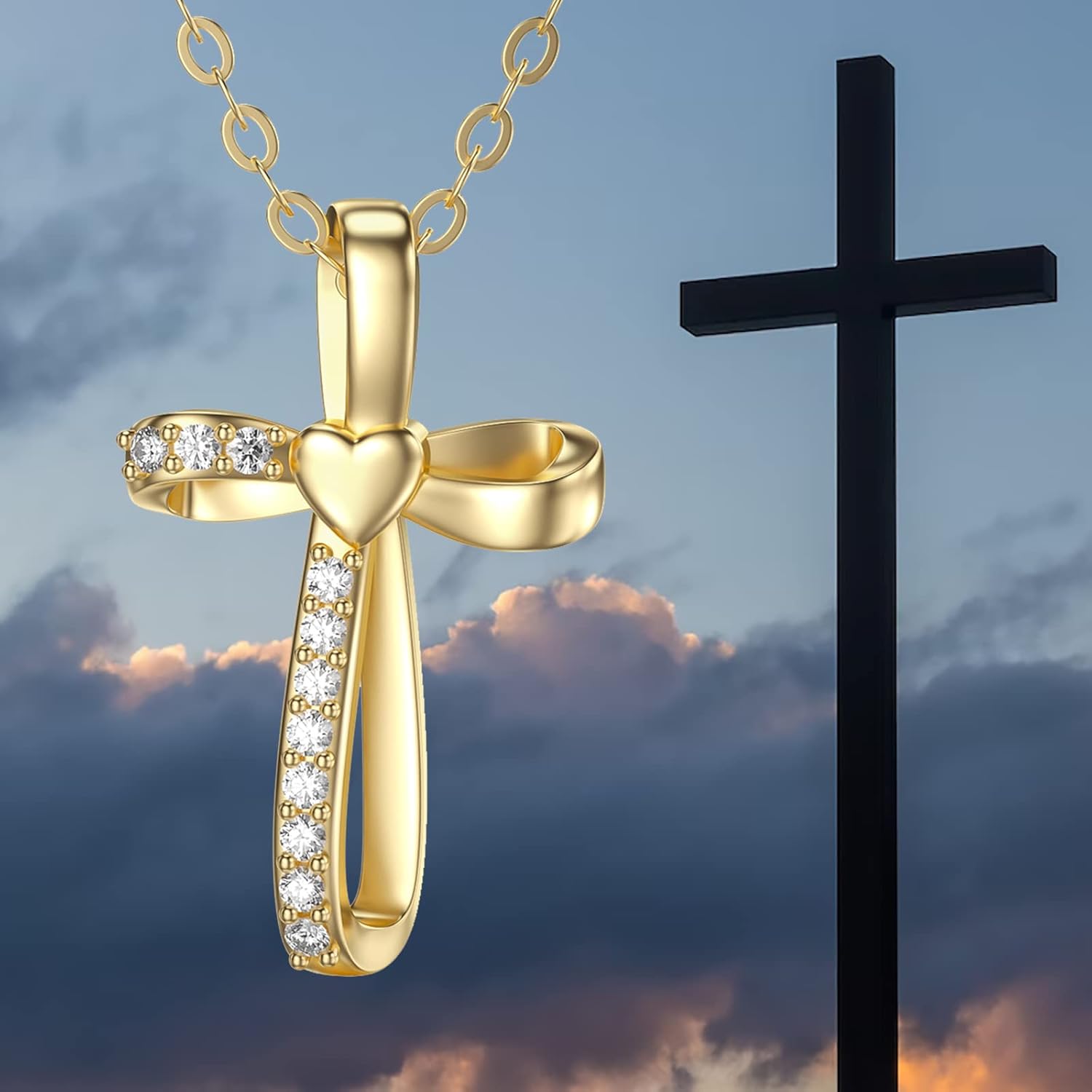 14k Real Gold Cross Necklace for Women Girls,Yellow Gold Cross Pendant Necklace Faith Jewelry Gifts for Birthday Christmas 16+2 inch