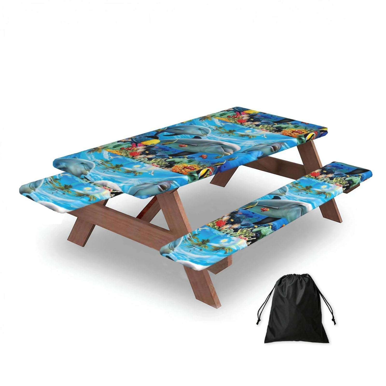 Dopklna As Picture Underwater Dolphin, Picnic Table Cover With Bench Covers -Waterproof Elastic Fitted Tablecloth For Garden Camping Patio 76X152cm
