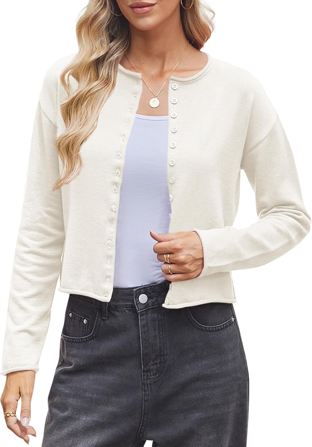 Women Crop Knit Cardigan Lightweight Crewneck Button Up Sweater Fitted Short Cardigans Layering Top - Image 2