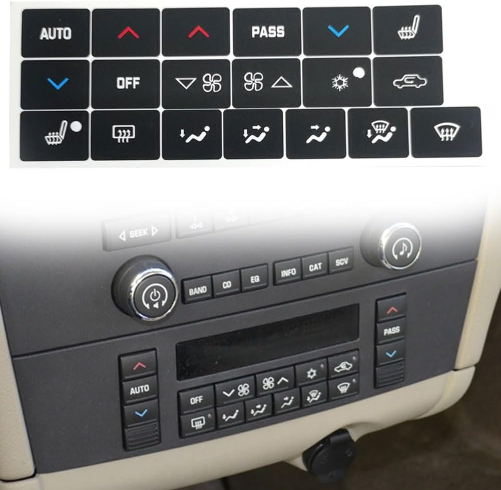 A/C Climate Control Button Repair Decal Sticker for Buick for lacrosse 2005-2009, Black Vinyl Overlay with White Lettering to Reduce Light Penetration and Restore Dashboard Switch Labels