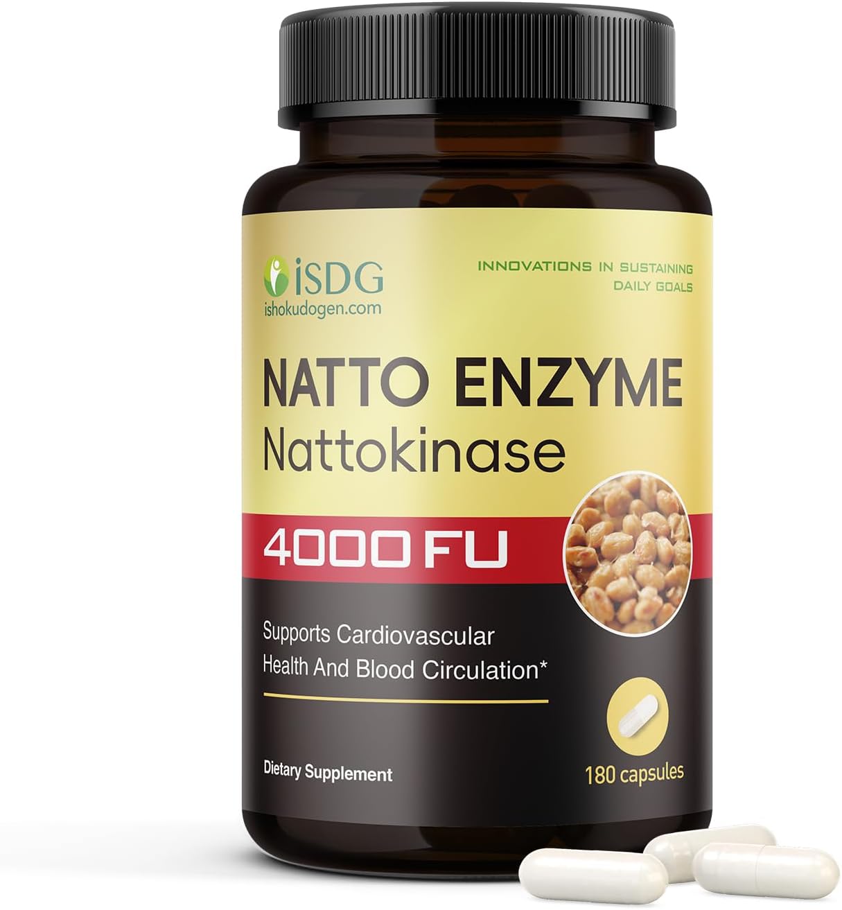 ISDG Nattokinase Supplement 4000 FU | Japanese Natto Enzyme, Supports Cardiovascular Health | Gluten Free, Non-GMO, Vegan 180 Capsules