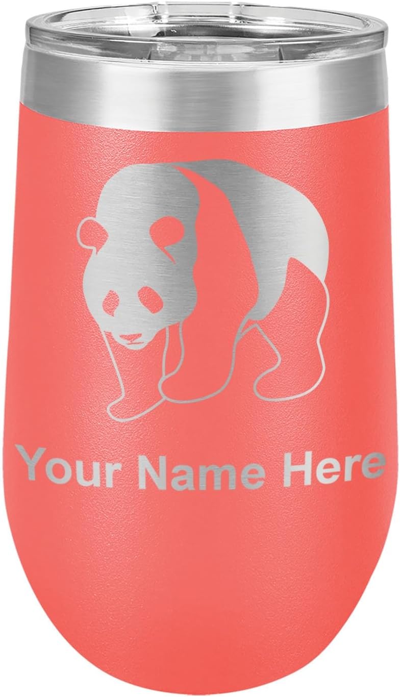 LaserGram 16oz Double Wall Stainless Steel Wine Glass Tumbler, Panda Bear, Personalized Engraving Included (Black)