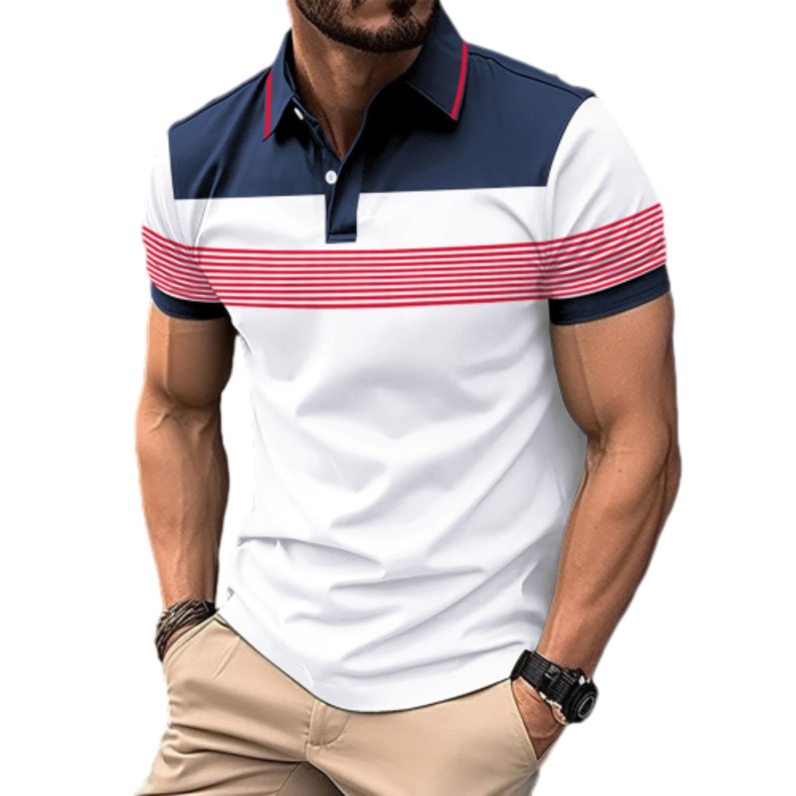 Mens Fashion Color Block Polo Shirts Casual Short Sleeve T Shirt Striped Moisture Wicking Golf Shirts Tops